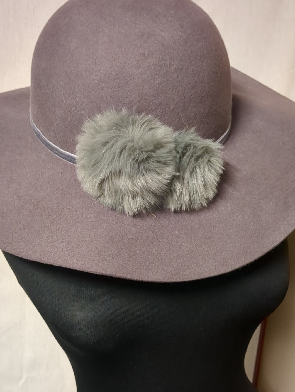Wide-Brim Felt Women's Hat with Faux Fur Pom Accents - Taupe